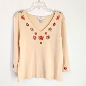 Judith Hart Cream Embroidered and Beaded V Neck Sweater - XL